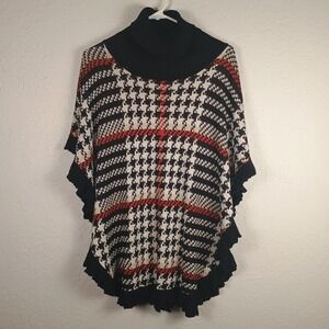 Joseph A. Poncho Houndstooth‎ Turtleneck Plaid Sweater Large Women's